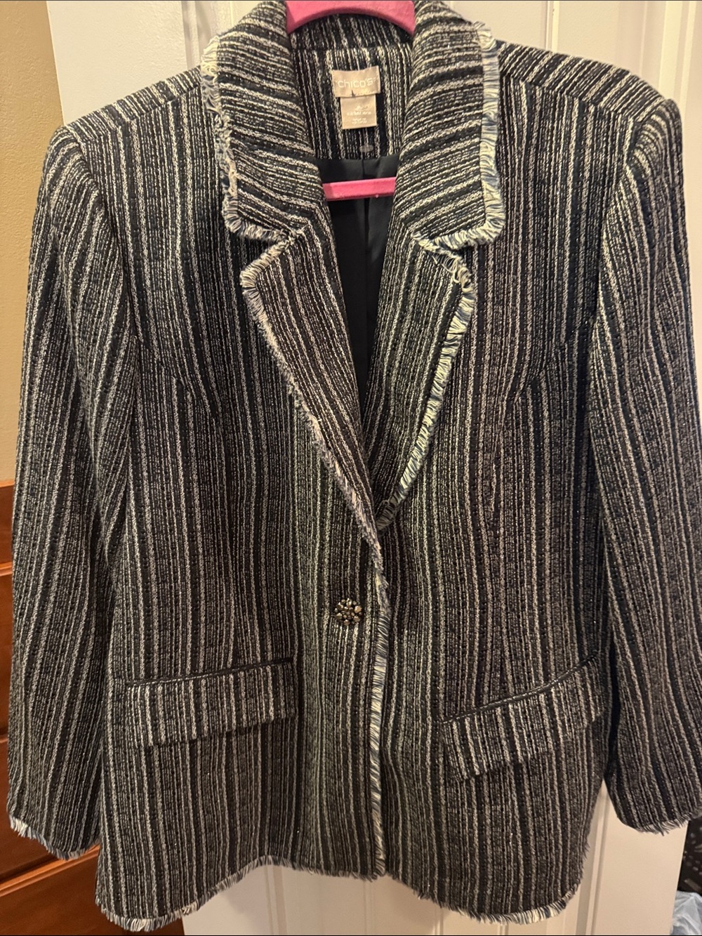 New Chico's Black and White Striped Tweed Fringe-Trim Blazer